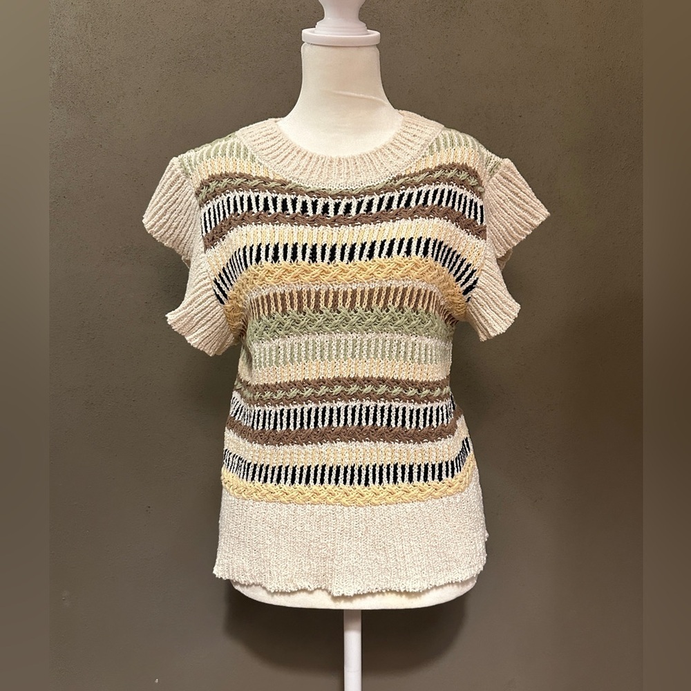 Crewneck cap sleeve neutral striped sweater size Medium, never worn